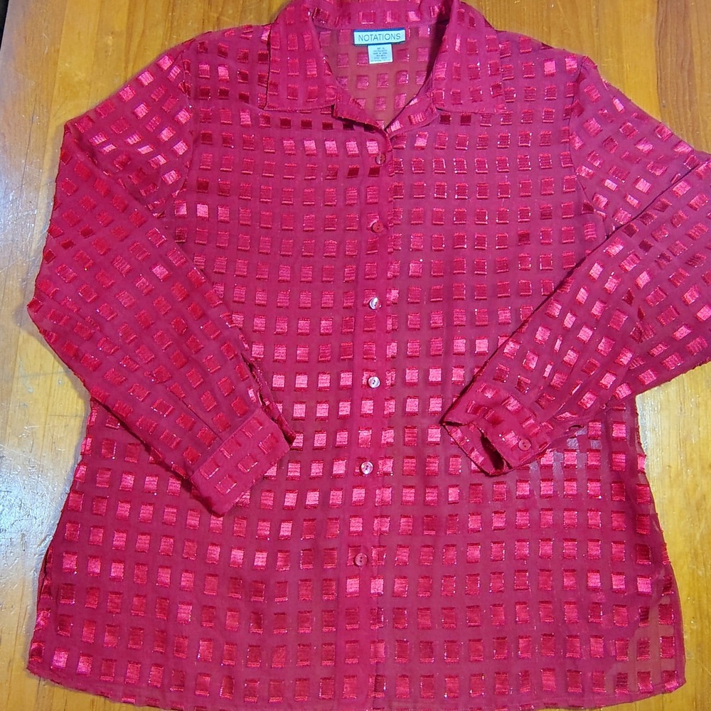 NOTATIONS Women Red Sheer Textured‎ Check Button Up Long Sleeve Blouse XL